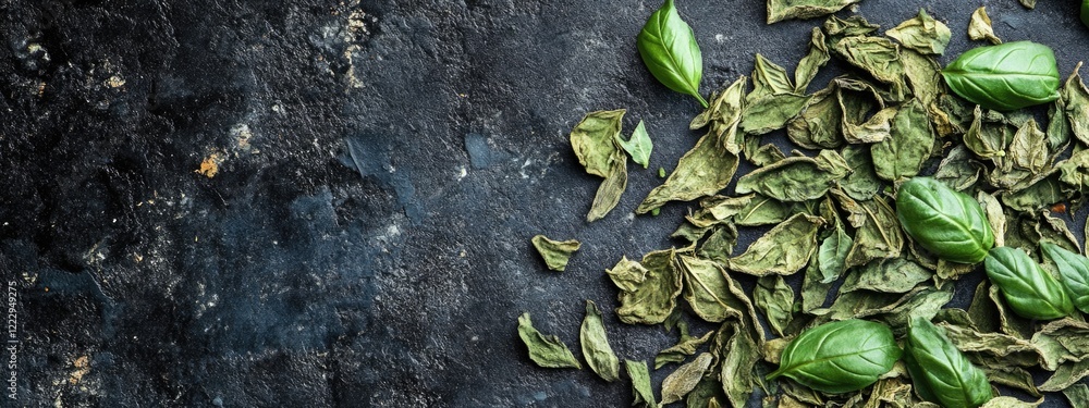 Poster Dried basil leaves on dark textured background with ample empty space for creative text or design elements