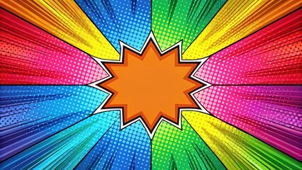 Colorful comic book style background with geometric shapes and bright colors surrounding a central panel, radial, graphic novel