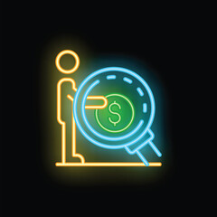 Neon sign representing a businessman holding a magnifying glass focusing on a dollar coin, a concept for searching for new financial opportunities