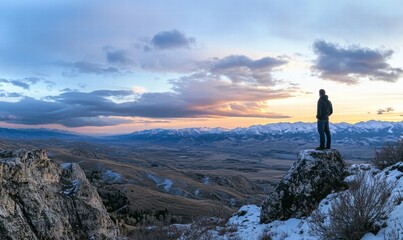 A man stands on a rock overlooking a snowy mountain range
