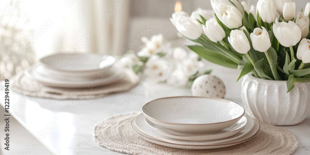 Poster Elegant Easter Table Decor Featuring White Tulips and Spring Ambiance with Empty Space for Custom Text
