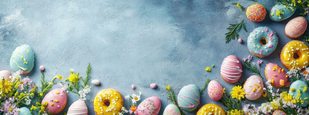 Poster easter themed backdrop with colorful glazed donuts and spring flowers providing ample empty space fo