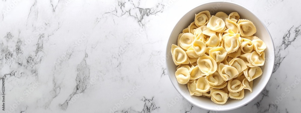 Poster dried tortellini pasta in a white bowl on a marble kitchen table with ample empty space for text and