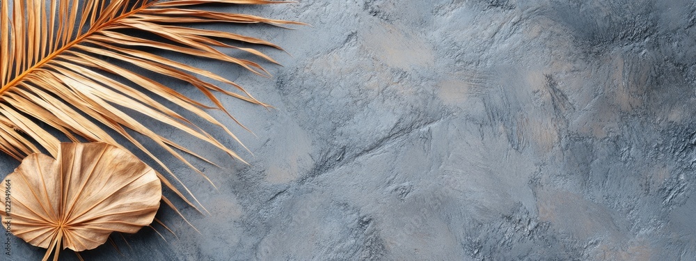 Poster Dried palm leaves arranged on a textured gray stone background with ample empty space for text and design elements.