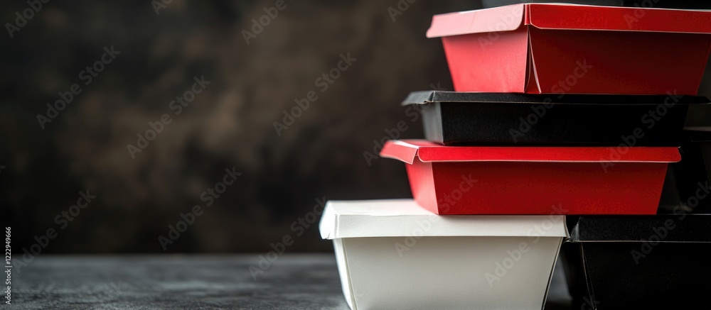 Leinwandbilder Stack of empty food containers in black white and red with copyspace for text suitable for takeout and dumpling presentation