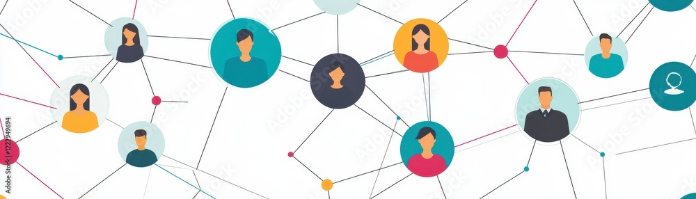 Poster a network of diverse individuals connected through lines, illustrating social interactions and relat