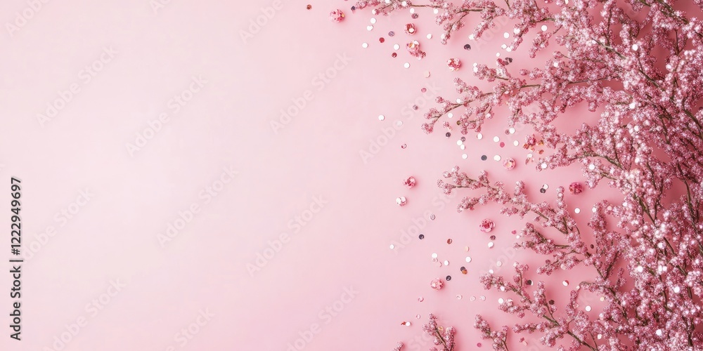 Poster Elegant pink background adorned with blooming branches and sparkling particles ideal for festive designs and customizable text space.