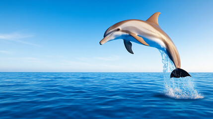 A dolphin gracefully leaps out of the blue ocean under a clear sky.