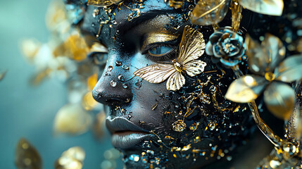stunning artistic representation of face adorned with gold leaves, butterflies, and intricate details, evoking sense of elegance and nature beauty