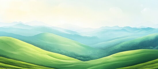 Obraz premium Serene abstract landscape with rolling green hills and soft blue tones ideal for nature-themed backgrounds and text overlay.