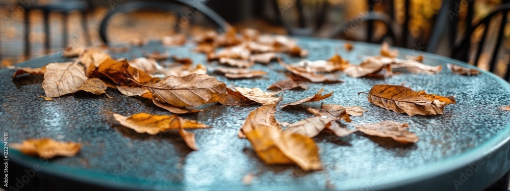 Poster Dried Autumn Leaves on Glass Table at Outdoor Cafe Creating a Cozy and Inviting Atmosphere with Empty Space for Text