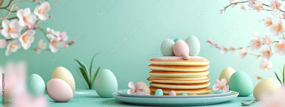 Poster easter pancake stack centerpiece with spring decorations and pastel colors on a serene table setting