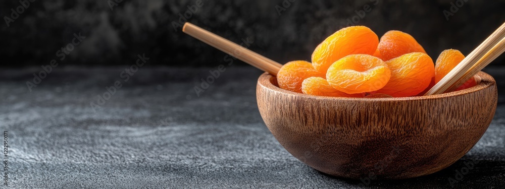 Poster dried apricots in wooden bowl with chopsticks on dark textured background featuring ample copy space