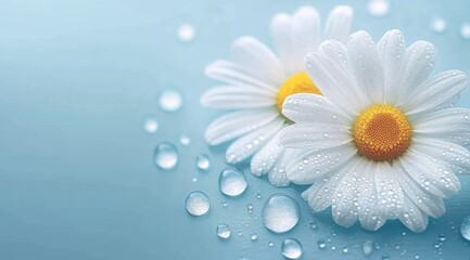 Two white daisies with dew drops on a light blue background.