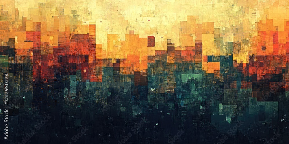 Poster Abstract Colorful Digital Mosaic Cityscape Background with Empty Space for Text or Artwork