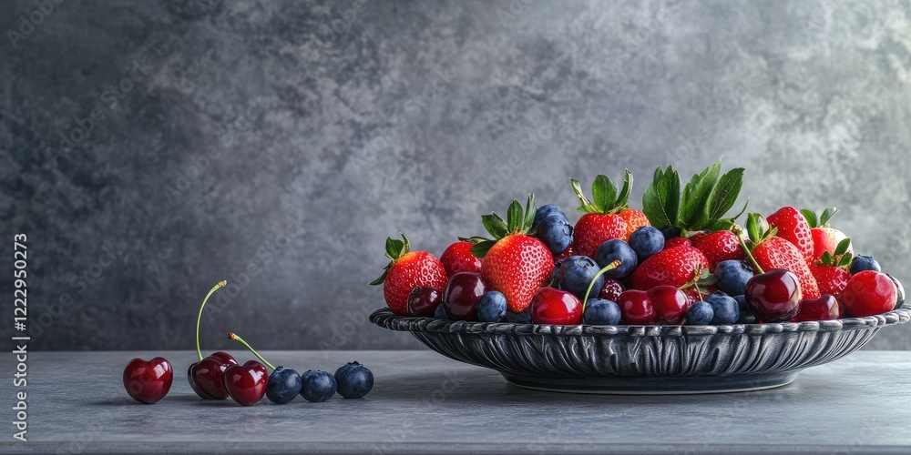 Aufkleber vibrant fruit platter featuring strawberries blueberries and cherries against a textured backdrop wi