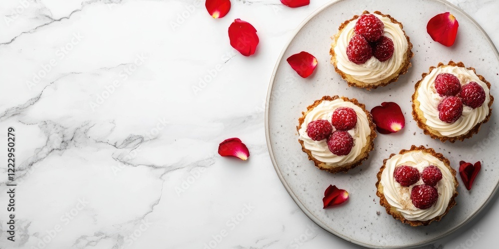 Fototapete Elegant dessert display with raspberry cupcakes on marble background adorned with rose petals and blank space for customization