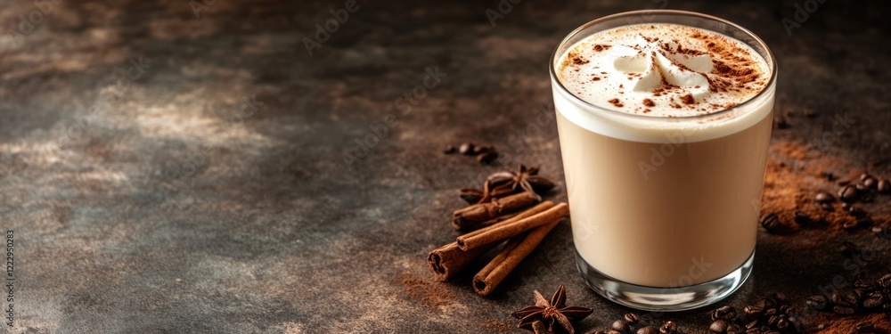 Poster Delicious coffee with milk and cinnamon in a glass with whipped cream on a rustic background suitable for text placement