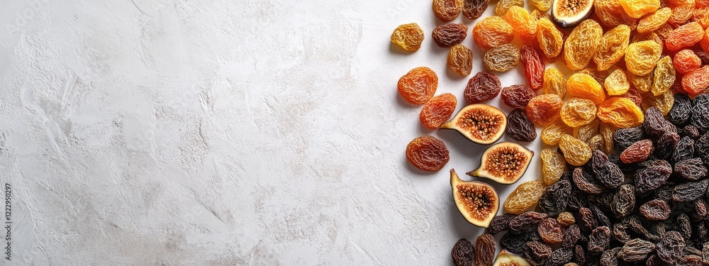 Poster assorted dried fruits including raisins apricots and figs on marble background with empty space for 