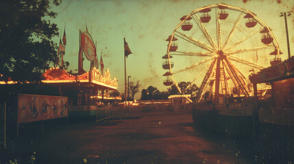 Vintage carnival scene at sunset featuring a ferris wheel and carousel with warm golden tones and nostalgic ambiance