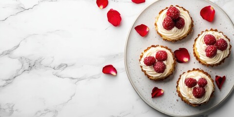 Elegant dessert display with raspberry cupcakes on marble background adorned with rose petals and blank space for customization