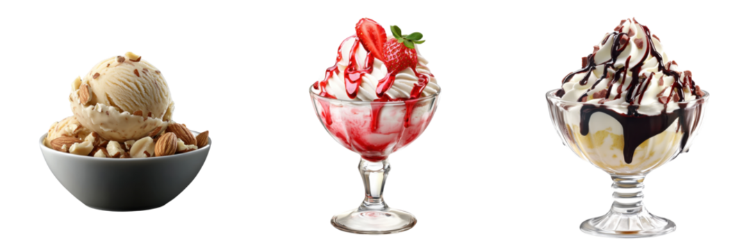Three different ice cream desserts displayed in bowls, featuring varied toppings like nuts, strawberries, and chocolate sauce.