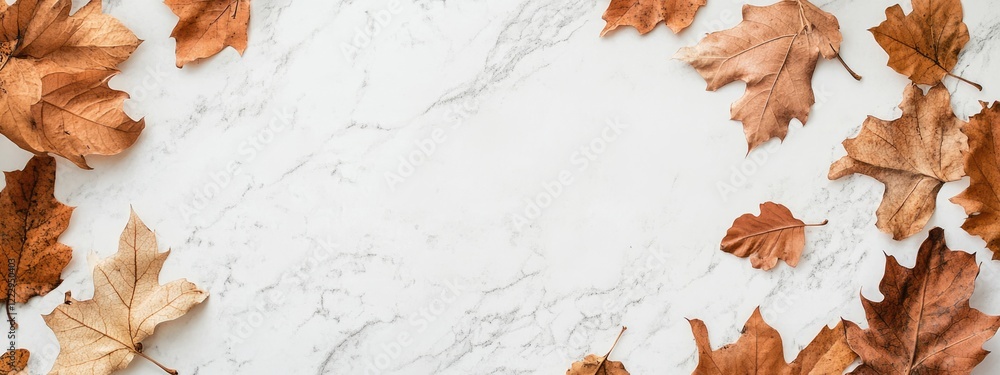 Poster Dried autumn leaves on marble background with open space for text showcasing fall colors in a flat lay composition