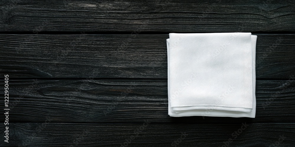 Poster elegant white napkin neatly folded on dark wooden table with ample space for text or branding in sty
