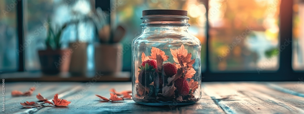 Poster dried strawberry leaves in a glass bottle captured in a cozy kitchen setting with a soft focus backg