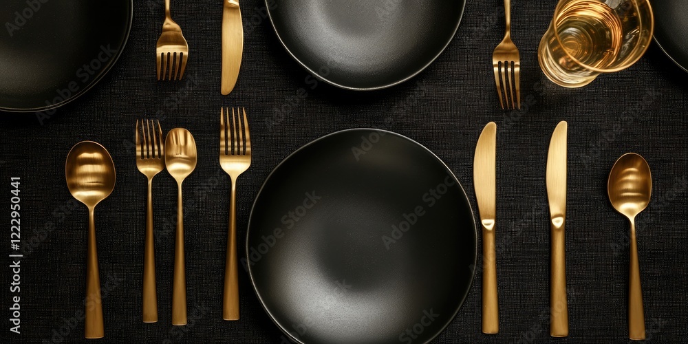 Fototapete elegant dining table setup featuring gold utensils on a black table runner with ample empty space fo