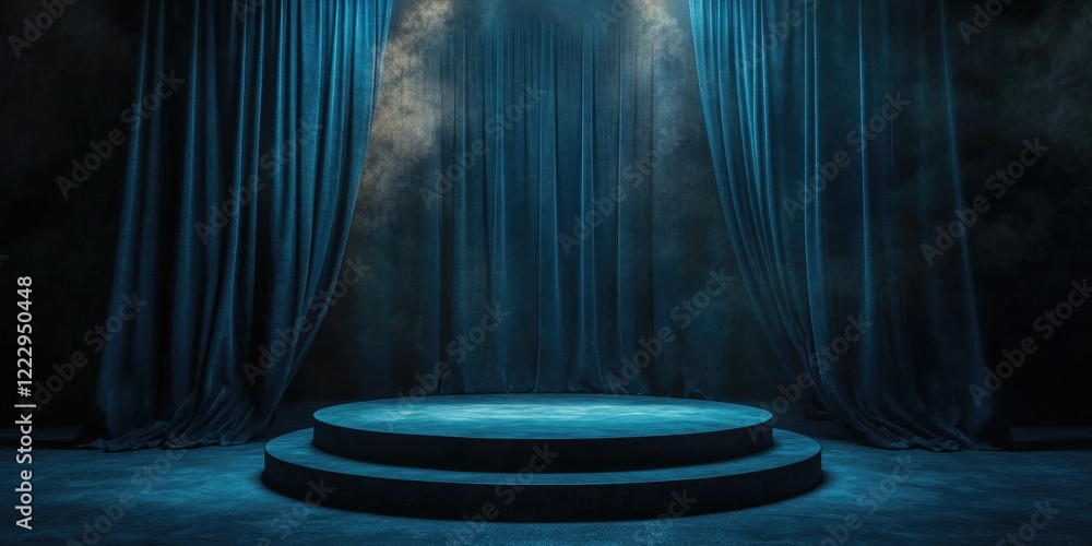 Poster elegant dark studio backdrop with shimmering blue curtains and a spotlighted circular podium ideal f