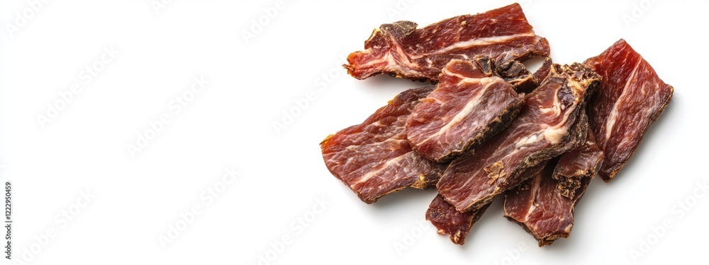 Poster Dried beef delicatessen cuts arranged on a white background with ample copy space for text and branding opportunities.