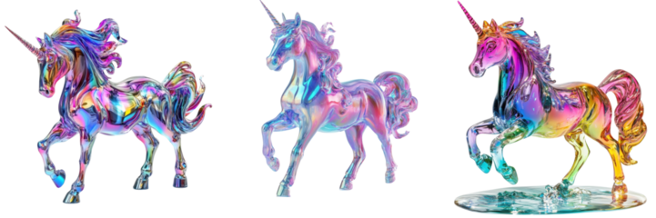 Colorful unicorn figurines in various poses, showcasing intricate details and a shimmering, iridescent finish.