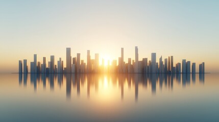 Fototapeta premium Dawn of Business Renewal: Tranquil Cityscape with Golden Sunrise Reflecting on Glass Skyscrapers