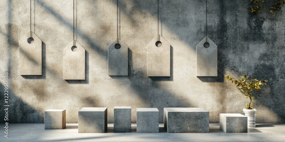 Aufkleber Modern Minimalist Presentation of Concrete Blocks and Tags against Textured Wall with Natural Light and Empty Space for Customization