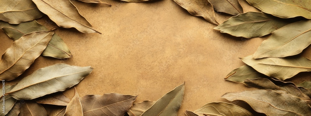 Poster dried bay leaves on brown surface with empty space for text in culinary context