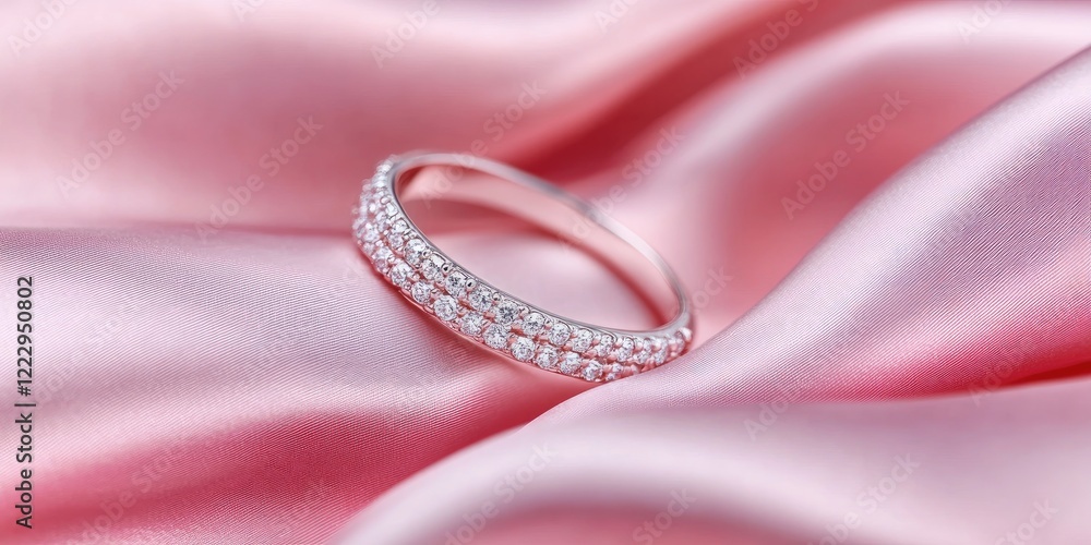 Poster elegant diamond ring resting on luxurious pink fabric showcasing exquisite design and ample space fo