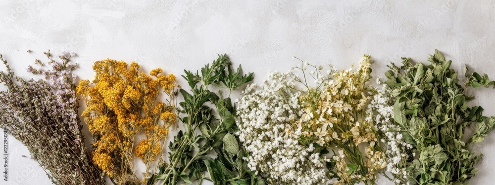 Poster dried herb bouquets for herbal drink class featuring elderflower and lime blossom with empty text sp