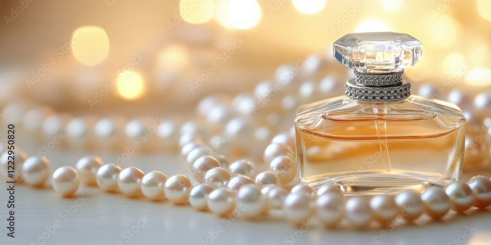 Poster elegant arrangement of pearls and perfume bottle with warm bokeh background and ample copy space for