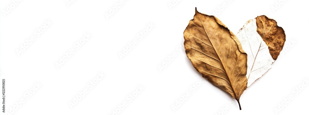 Poster Dried Heart Shaped Leaves on White Background with Empty Space for Text and Design Elements