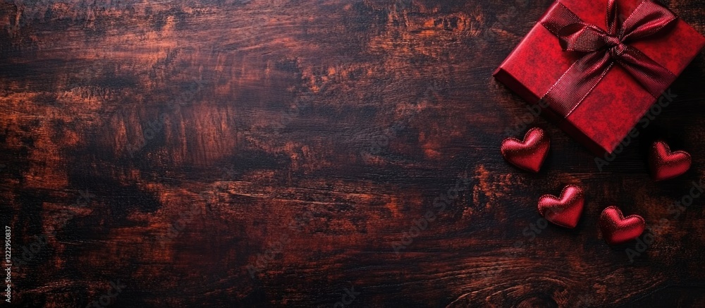 Poster red gift box with ribbon on rustic wooden table surrounded by heart shapes ideal for valentine's day