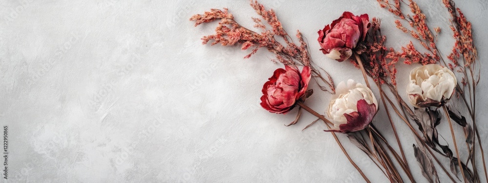 Poster Dried peony flowers arranged on a soft grey background with ample space for text and design elements in a serene aesthetic display