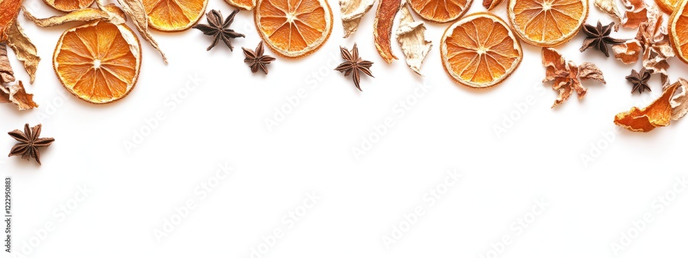 Poster Dried orange slices and star anise arranged on a white background creating an inviting space for text or seasonal decorations