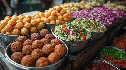 Street food market, delicious falafel, salads, and snacks