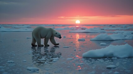 Naklejka premium A polar bear walks across broken ice as the sun sets, highlighting the beauty and fragility of the Arctic.