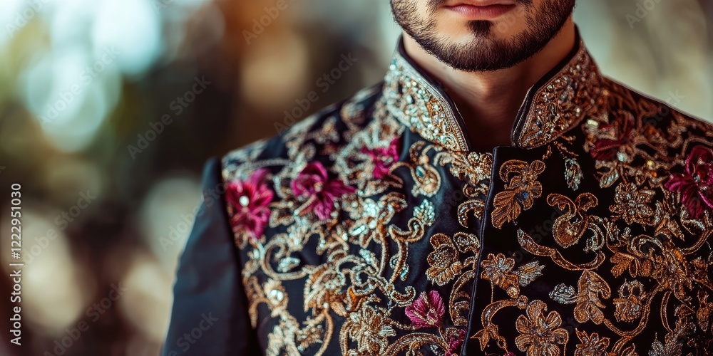 Poster Elegant gentleman in ornate embroidered garment featuring ample empty space for customizable text or branding purposes