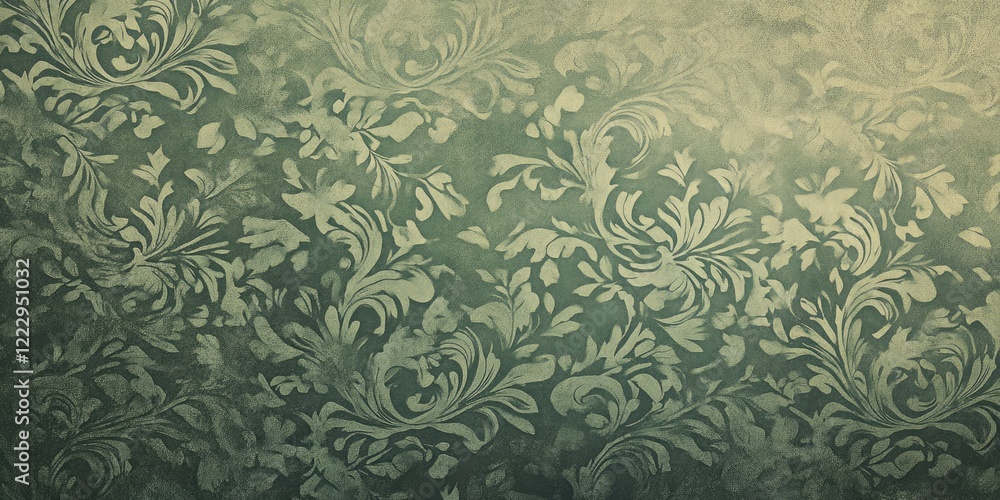 Fototapete Elegant damask textured background in green tones with ample space for text on brochures and mockups