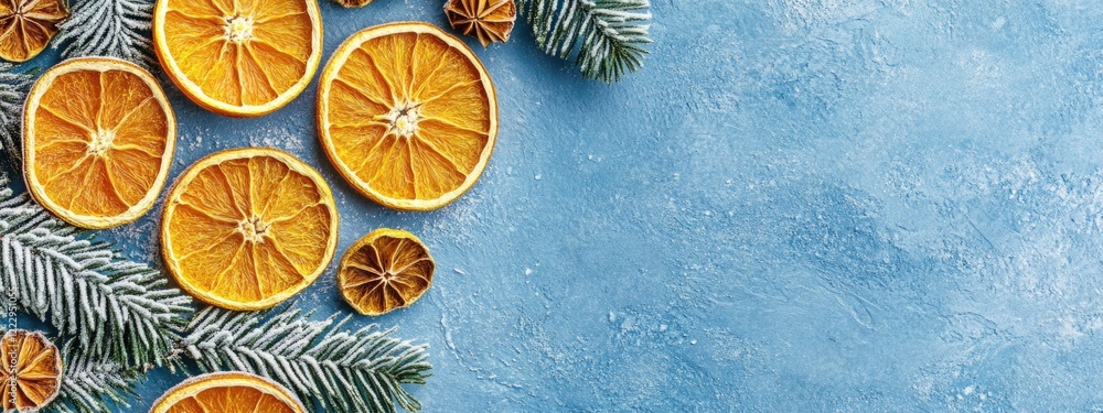 Leinwandbilder dried orange slices arranged with evergreen branches creating a festive holiday decoration with ampl