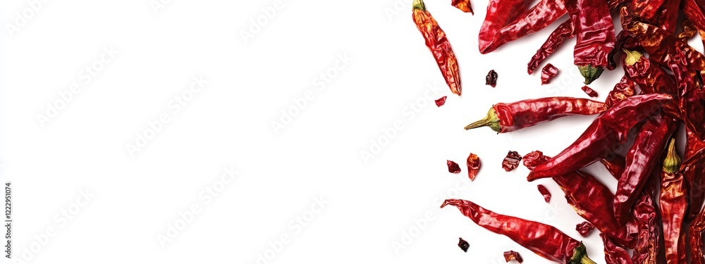 Poster Dried red chili peppers scattered on a white background with ample copy space for culinary or spice-related design projects