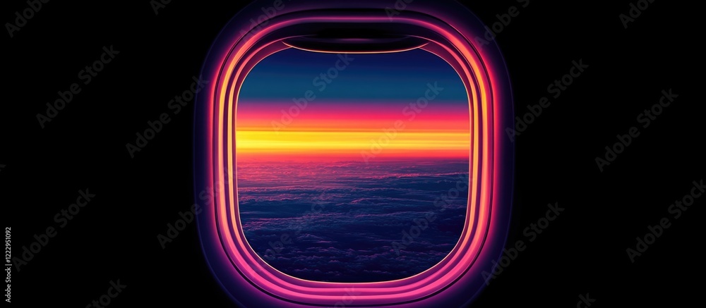 Poster Vibrant sunset view from an airplane window with colorful sky and empty copyspace ideal for travel and adventure related content